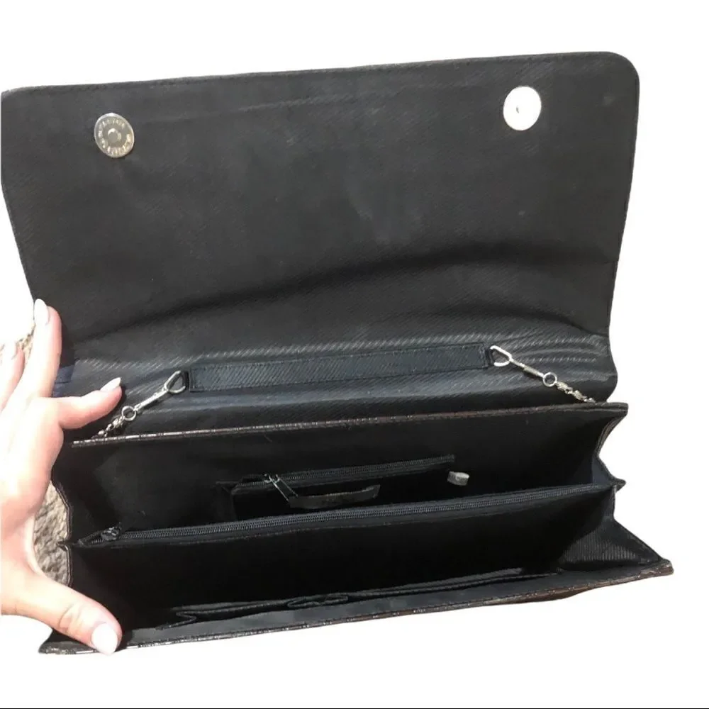 FAUX‎ Croc Embossed Convertible Clutch Bag Brown Chain Strap Crossbody Evening
